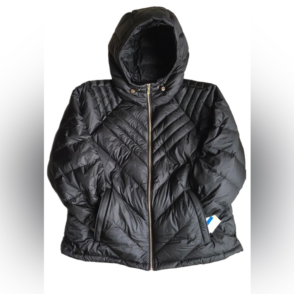 MICHAEL KORS Women Quilted L Packable Hooded Down Puffer Jacket Coat Gold zipper